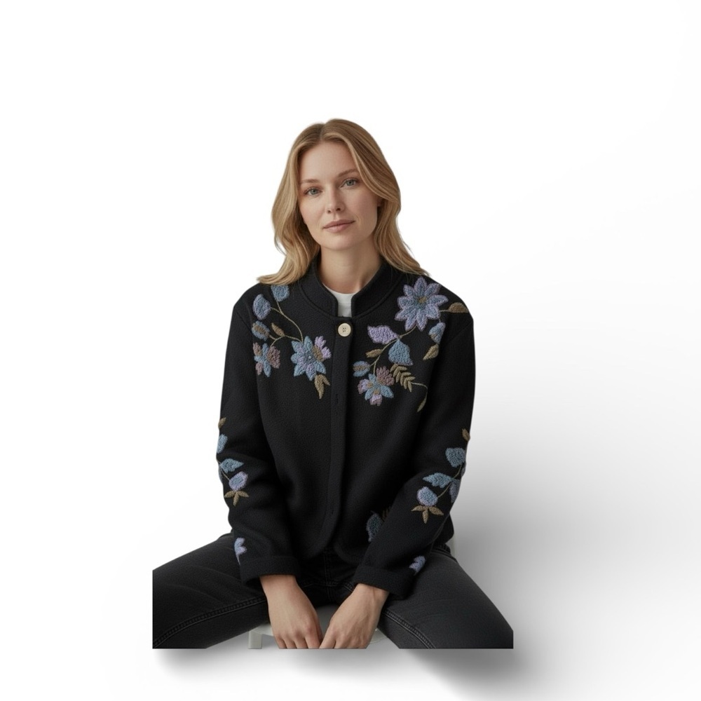 Vintage Catherine Stewart Embroidered Black Cardigan Sweater